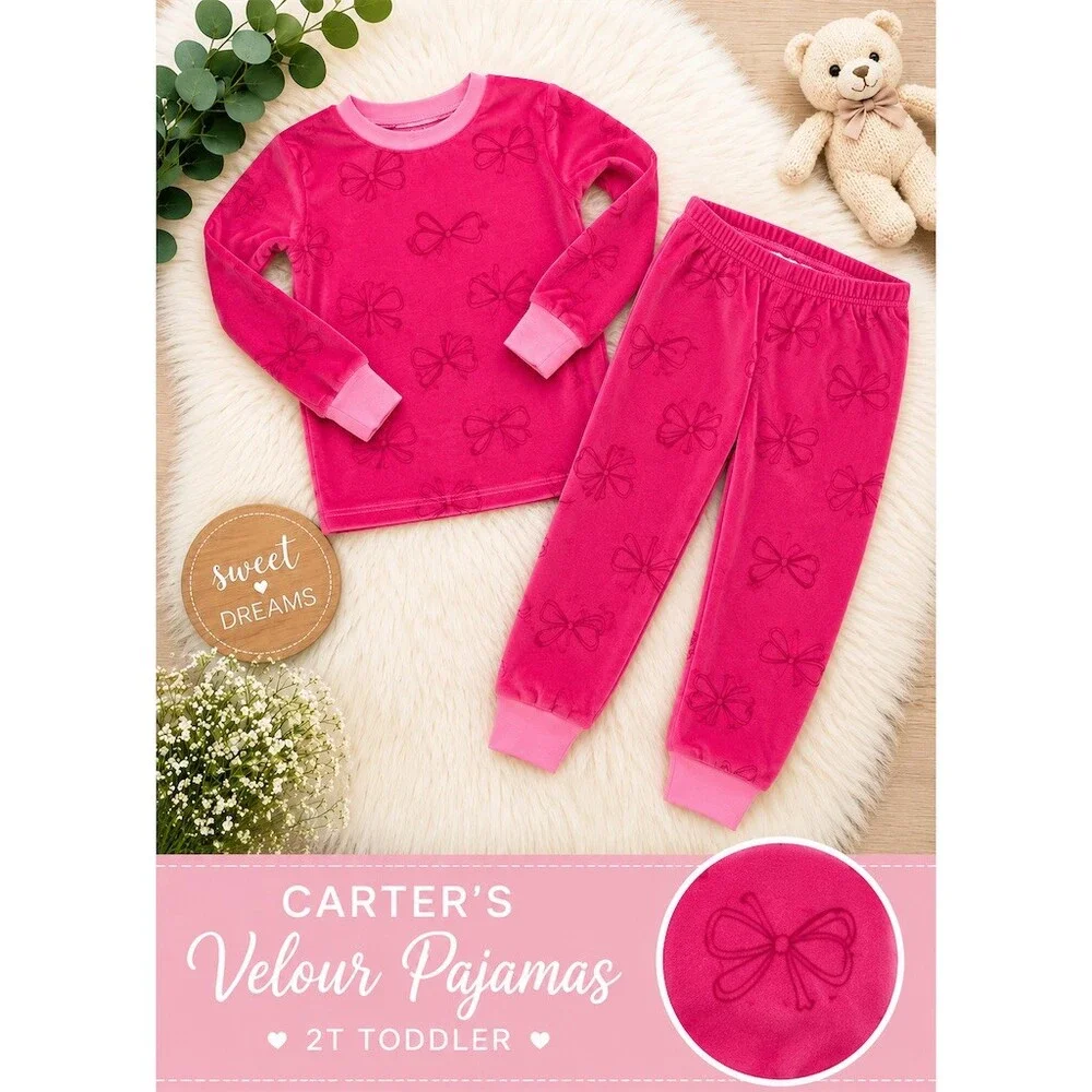 Carter's Toddler Girls Pajama Set Size 2T Pink Bow Print Long Sleeve